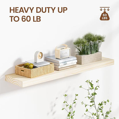 Heimlove 36 inch Floating Shelves for Wall,2 Packs Natural Pine Solid Wood Floating Shelves, 8 inches Deep Wooden Shelves for Kitchen Bedroom Office & Living Room Display Wall Decor
