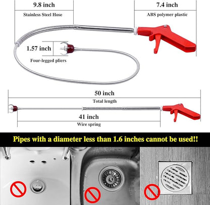 50 Inch Toilet Snake Drain Auger Cleaner Tool, Upgraded Grabber Unclogger Tool, Toilet Auger Grabber, Stainless Steel Telescoping Rod for Pick/Grab Objects Clogged in Toilet Pipes/Drain