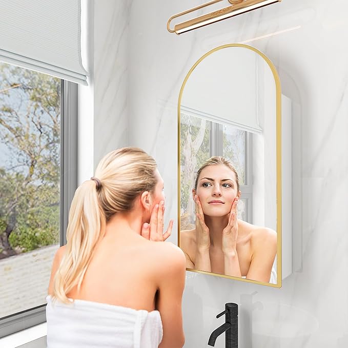 FKWin Arched Gold Bathroom Medicine Cabinet with Mirror, Left or Right Opening, Bathroom Mirror with Storage, Surface Mount Medicine Cabinet not Recessed, Gold, 16x32 inch