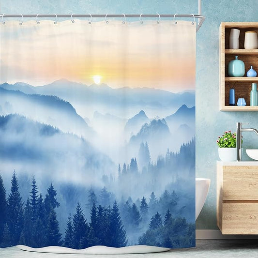 Riyidecor Misty Mountain Shower Curtain 60Wx72H Inch Blue Spring Scenery Sunrise Foggy Woodland Greenery Smokey Tree Nature Pine Scenic Bathroom Decor Fabric Polyester Waterproof 12 Pack Hooks