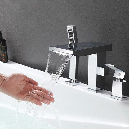 Waterfall Roman Tub Faucet with Hand Shower, Deck Mount Tub Filler Bathtub Faucet with Sprayer, Brass Widespread 3 Hole Bathtub Shower Faucet Set, Chrome