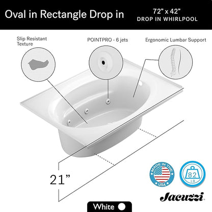 Jacuzzi SIGNATURE Acrylic Drop-In Bathtub, Jet Massage Tub, Slip Resistant, Right Drain Placement, 72" (L) x 42" (W), Oval In Rectangle, White