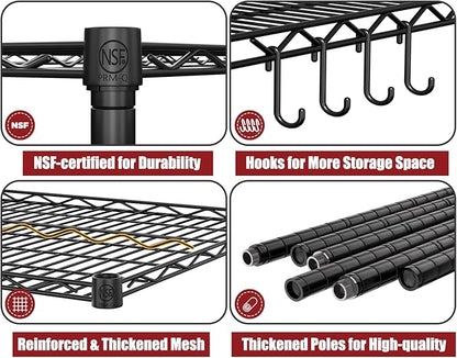 PrimeZone 6 Packs 55.5" W x 24" D x 80" H Heavy Duty Wire Storage Shelves with Wheels, 4 Tier Adjustable NSF Certified Garage Shelving Unit, Rolling Metal Organizer Shelf Rack for Warehouse, Pantry