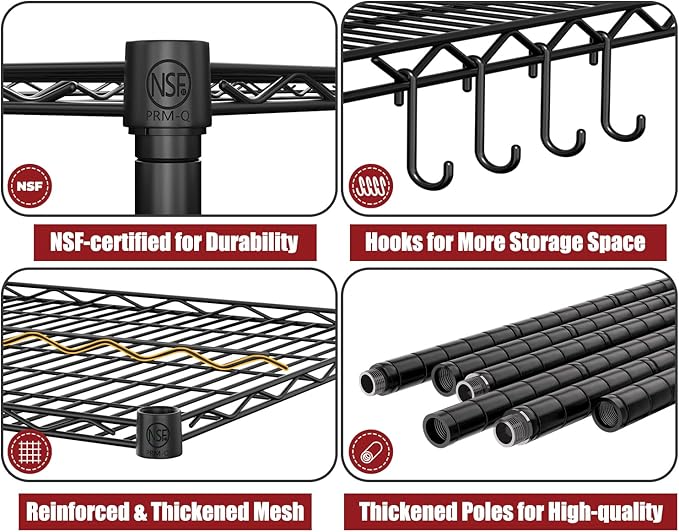 PrimeZone 55.5" W x 24" D x 80" H Heavy Duty Wire Storage Shelves with Wheels, 4 Tier Adjustable NSF Certified Garage Shelving Unit, Rolling Metal Organizer Shelf Rack for Warehouse, Pantry, Black