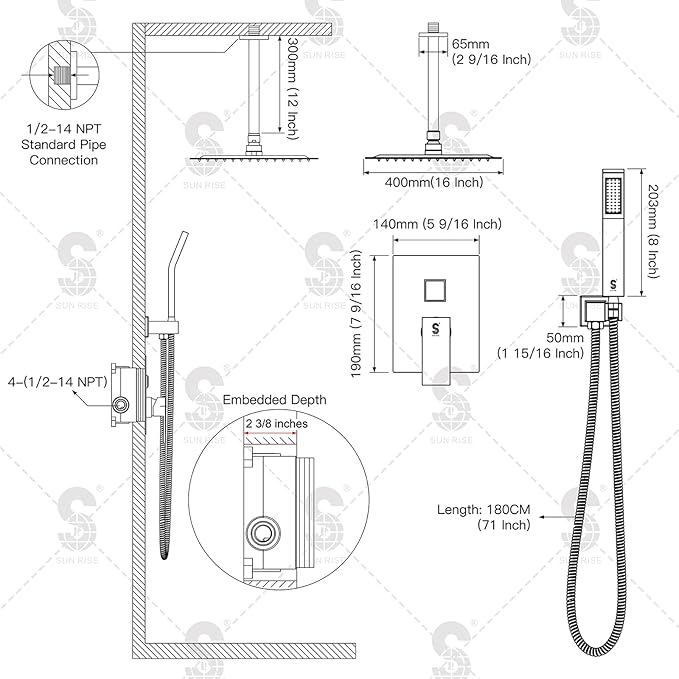 SR SUN RISE 16 Inches Matte Black Shower Set System Bathroom Luxury Rain Mixer Shower Combo Set Ceiling Mounted Rainfall Shower Head Faucet (Contain Shower Faucet Rough-In Valve Body and Trim)