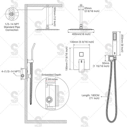 SR SUN RISE 16 Inches Matte Black Shower Set System Bathroom Luxury Rain Mixer Shower Combo Set Ceiling Mounted Rainfall Shower Head Faucet (Contain Shower Faucet Rough-In Valve Body and Trim)