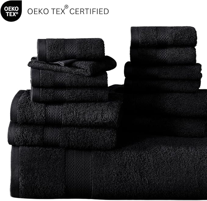 LANE LINEN 100% Ring Spun Cotton Black Bath Towel Set, 18PCs - 6 Hand, 8 Washcloths, 4 Shower Towels - Machine Washable & Sustainably Produced, Ultra Soft, Highly Absorbent & Pet Friendly