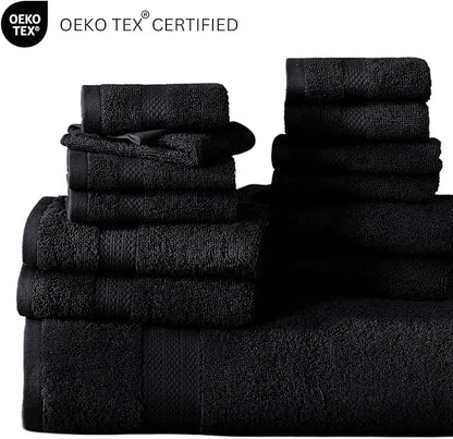 LANE LINEN 100% Ring Spun Cotton Black Bath Towel Set, 18PCs - 6 Hand, 8 Washcloths, 4 Shower Towels - Machine Washable & Sustainably Produced, Ultra Soft, Highly Absorbent & Pet Friendly