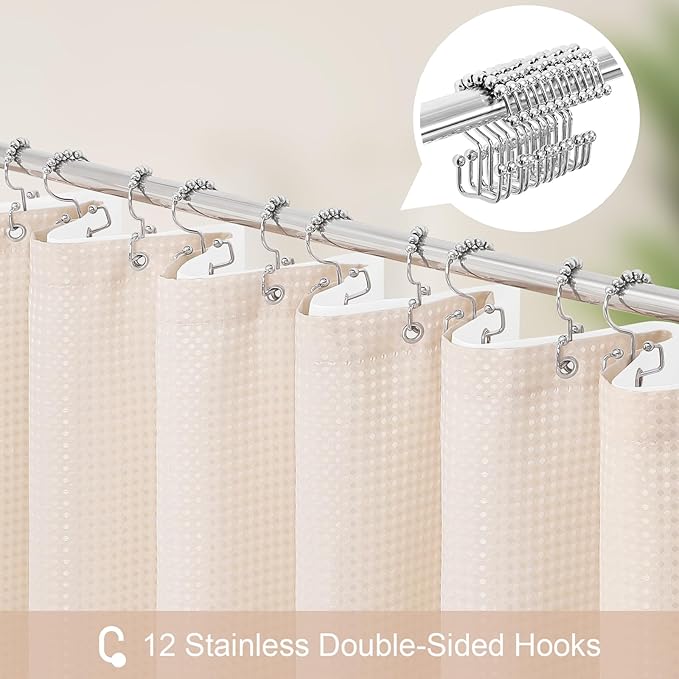 3 in 1 Shower Curtain Set, Blush Pink Waffle Shower Curtain and PEVA Liner Set with 12 Stainless Steel Shower Curtain Hooks, Waterproof Shower Curtains for Bathroom, 72 W x 72 H