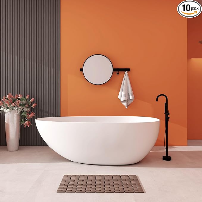 Premium 67'' Solid Surface Freestanding Bathtub, Upgraded Oval Shape Stone Resin Soaking Tub with Drain and Overflow, Matte White