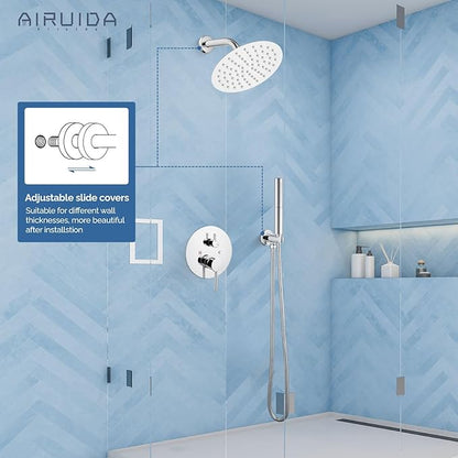 Airuida Shower Fixtures 2 Functions Shower Faucet Set Wall Mounted for Bathroom High Pressure Brass Handheld Shower with Rough-in Valve Round Rainfall 8 Inch Shower Head Chrome Polish