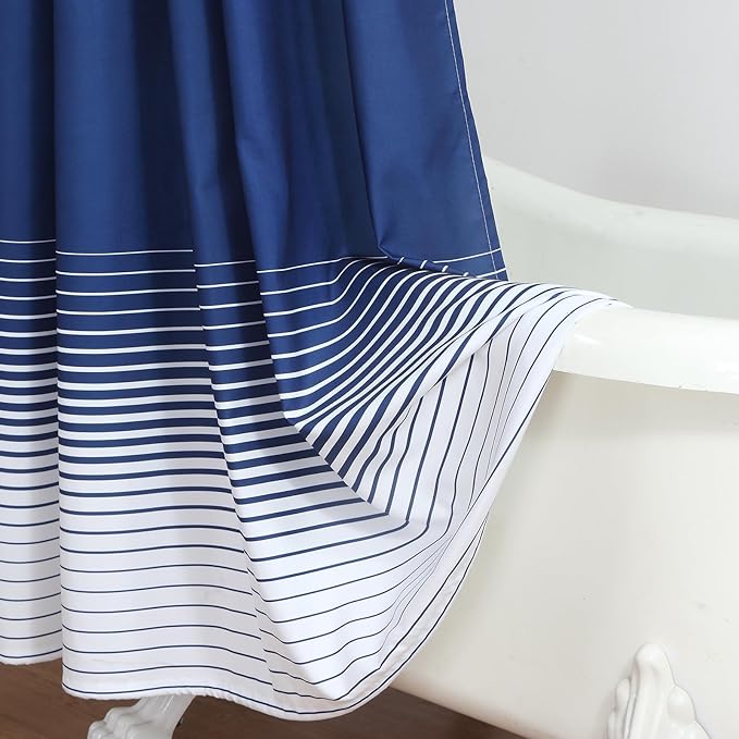 Extra Long Blue Shower Curtain, Modern Navy Blue and White Gradient Horizontal Stripe Waterproof Polyester Shower Curtains for Bathroom, 72x84 Inches
