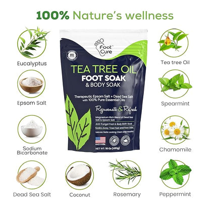 Tea Tree Oil Foot Soak with Epsom Salt - For Toenail Repair, Athletes Foot, Softens Calluses, Soothes Sore & Tired Feet, Nail Discoloration, odor Scent, Spa Pedicure Care - Made in USA 16 oz