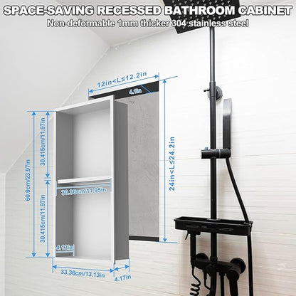 304 Stainless Steel Shower Niche Insert-24 x 12" No Tile Needed Bathroom Niche for Shower Wall-Double Shelves Built in Shower Shelf-Waterproof Recessed Cabinet for Bathroom Living Room Study Kitchen