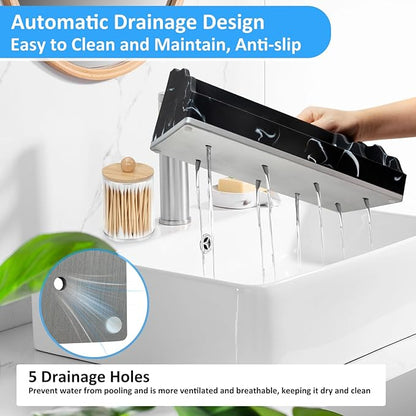 Bathroom Counter Organizer, Black Marble Toothbrush Holders for Bathrooms Organizer Countertop with 3PCS Qtip Holder, Toothbrush and Toothpaste Holder for Bathroom Organization Storage Vanity