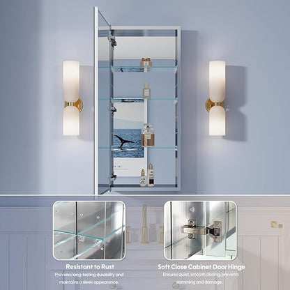 WELLFOR 16" x 36" Bathroom Medicine Cabinet, Anodized Chrome Aluminum Frame, Medicine Cabinet with Adjustable Glass Shelves, Bathroom Cabinet with Reverse Door Installation, Surface or Recess Mount