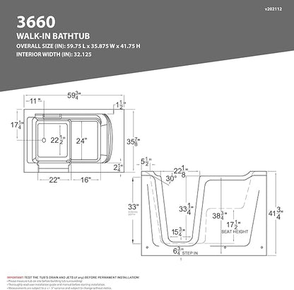 ANZZI Tubs Series Left Drain Quick Fill Walk-in Whirlpool and Air Tub with Powered Fast Drain in White Finish 36 in. x 60 in. | AMZ3660LWD