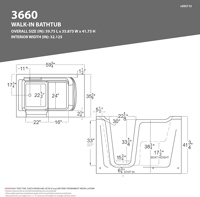 ANZZI Tubs Series Right Drain Quick Fill Walk-In Whirlpool and Air Tub with Powered Fast Drain in White Finish 36 in. x 60 in. | AMZ3660RWD