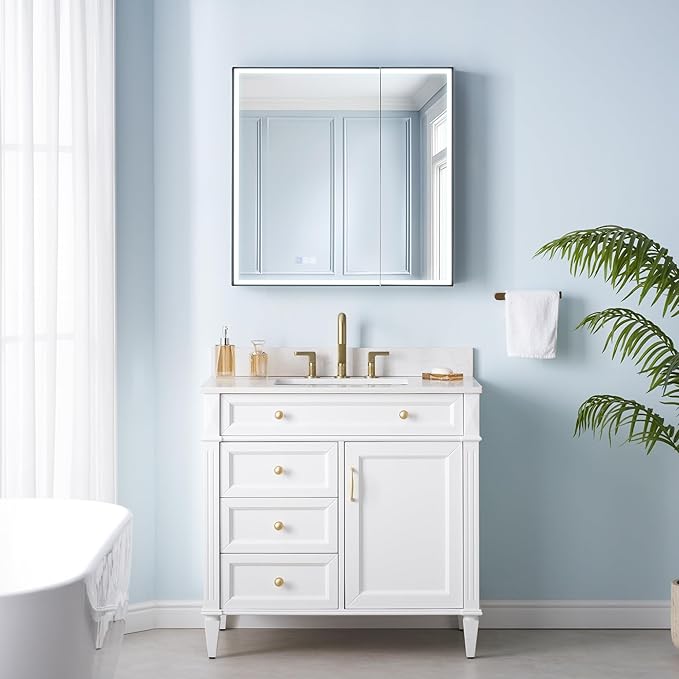 WELLFOR 30" X 30" LED Mirrored Medicine Cabinet, Medicine Cabinets with Lights for Bathroom, Defogging Function Mirror Cabinet, Bathroom Medicine Cabinet with USB Port & Outlet, Double Doors