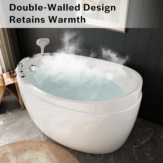 Empava Bathtub,59 Inch Soaking Tub with Chrome Faucet & Showerhead, Oval Deep Soak Acrylic bathtub with Integrated Seat, Japanese Style Design, Slip-Resistant Floor, Glossy White