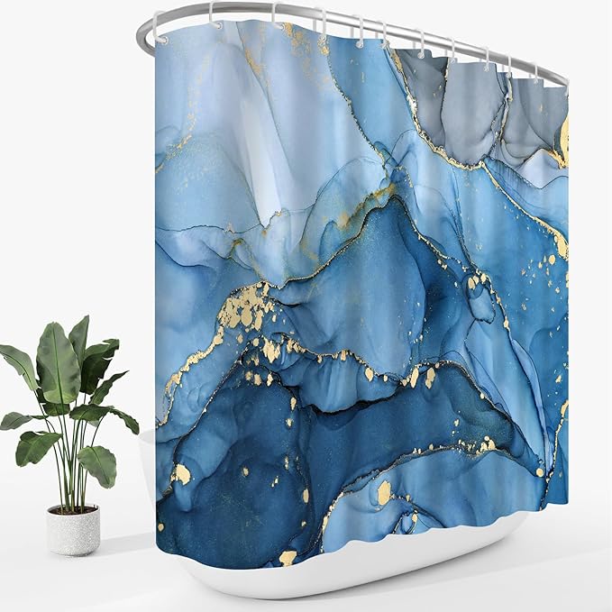 Extra Wide Marble Shower Curtain 108 x 72, Blue Abstract Shower Curtains for Claw Foot Tub, Modern Luxury 108 inch Long Shower Curtain Set with 18 Pack Plastic C-Hooks