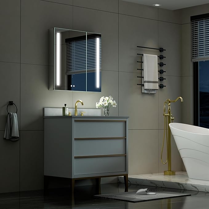 WELLFOR 30" X 30" LED Medicine Cabinet with Mirror, Double Opening Door, Recessed or Surface Cabinet Mirror, Bathroom Mirror Cabinet, Medicine Cabinet with Lights with Outlets & USB Ports