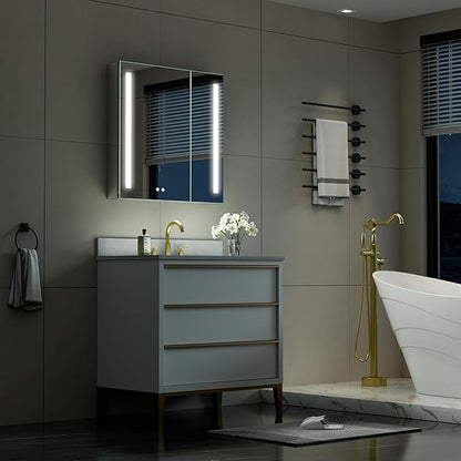 WELLFOR 30" X 30" LED Medicine Cabinet with Mirror, Double Opening Door, Recessed or Surface Cabinet Mirror, Bathroom Mirror Cabinet, Medicine Cabinet with Lights with Outlets & USB Ports