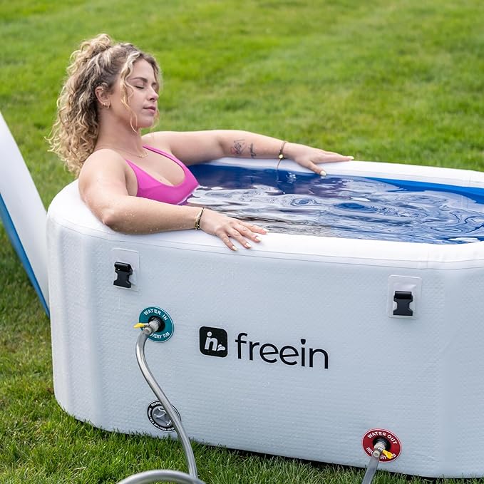 Freein Ice Bath Tub [XXL UPGRADED] - Cold Plunge Tub, Water Chiller Compatible, Inflatable, Portable, Foldable, Recovery Tub for Athletes, 54"x30"x24" - Outdoor, White/Wood