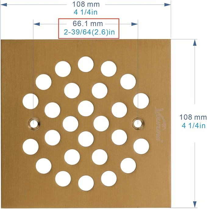 Square 4-1/4（4.25） inch （108mm*108mm） Screw-in Shower Floor Drain Grate Strainer (Brushed Gold)