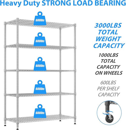 Homdox 5 Tier Storage Racks and Shelving, 24"x60"x82" Heavy Duty Metal Shelves for Storage, 3000LBS Commercial Adjustable Wire Shelving Unit on Wheels for Garage, Pantry, Kitchen, Warehouses, Chrome