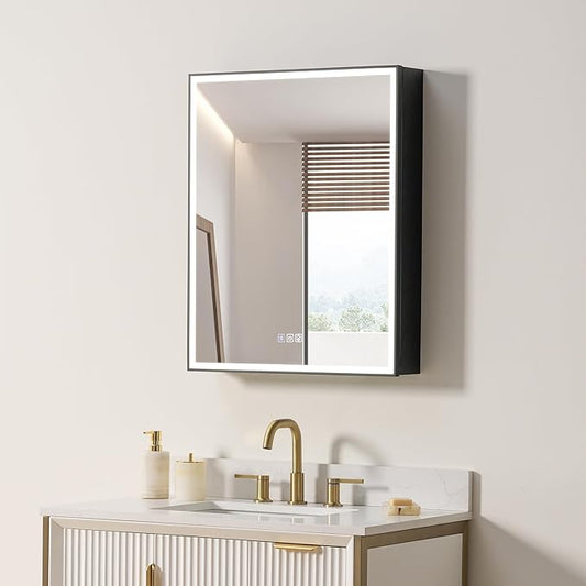 WELLFOR 24" X 30" LED Mirrored Medicine Cabinet, Medicine Cabinets with Lights for Bathroom, Defogging Mirror, Led Medicine Cabinet, Recessed or Surface Mounted, Single Right Opening Door