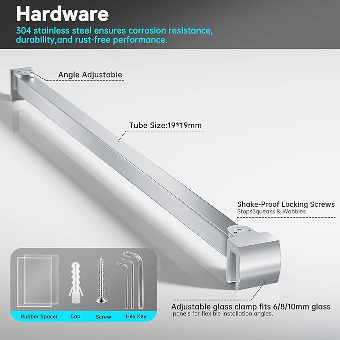 Frameless Shower Door Support Bar, Stainless Steel Wall-to-Glass Support Arm to Fixed Shower Glass Panel, for 1/4"-3/8" (6-10 mm) Door, 180° Pivot & Stow-Flat Mode (Brushed Nickel, 15.8-inch(400mm))