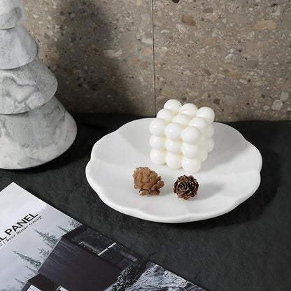 Koville Marble Tray, 8" Round Marble Vanity Tray for Jewelry Trinket Perfume, Natural Stone Tray for Bathroom Kitchen Dresser Countertop, Scalloped Decorative Tray for Home Table Decor(White)