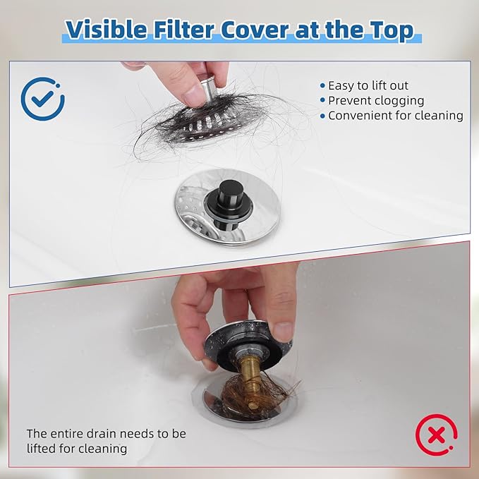 Metal 2 Pack Bathtub Drain Stopper with Top Hair Catcher, Visible Top Strainer Tub Stopper, Upgraded 3 in 1 Pop-up Drain Plug Fit for 1.5 to 2.4" Hole, Stainless Steel Filter Basket
