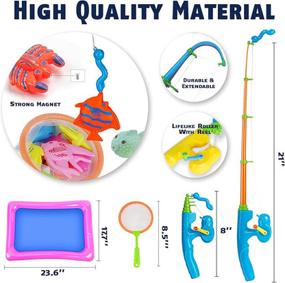 CozyBomB™ Magnetic Fishing Toys Game Set for Kids | Water Table Bathtub Kiddie Pool Party Pole Rod Net, Outdoor Plastic Floating Fish, Toddler Bath Color Ocean Sea Animals Birthday Gift Age 3-5 6 4-8