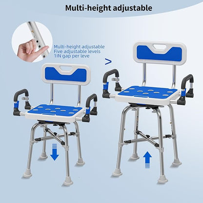 Swive Shower Chair with Arms and Back Heavy Duty 500 lbs for Seniors Elderly Disabled or Bariatric Adults Bench Seat for Inside Shower Stall and Bathroom Bath Tub Seats Adjustable Stool
