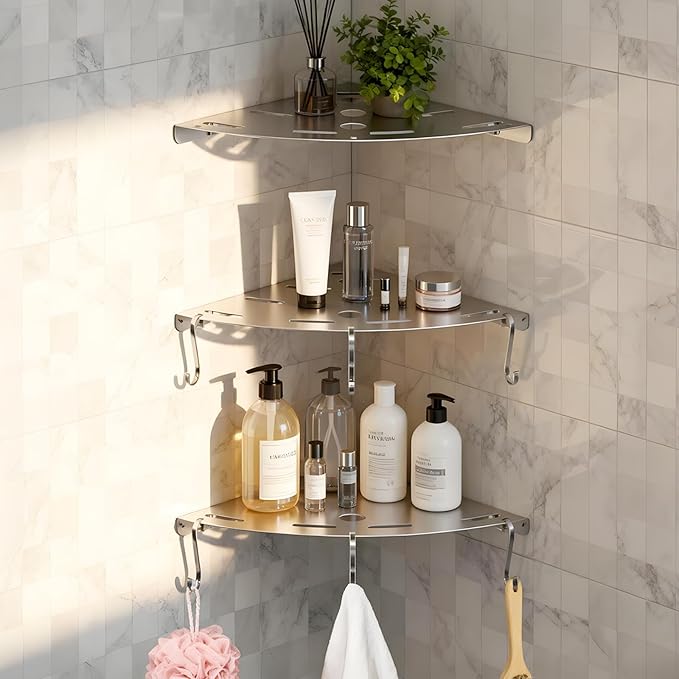 XIHLZYEH Corner Shower Shelves, 3 Pack 304 Stainless Steel Shower Shelf with 6 Hooks 40 lbs Heavy Duty, Rustproof Wall Mounted Organizer for Bathroom Drilling Installation(Silver)
