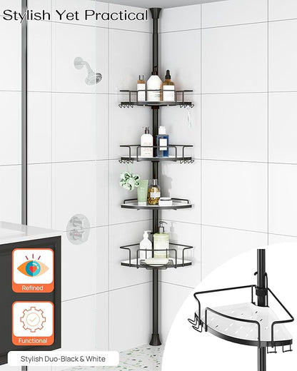 ALLZONE Corner Shower Caddy Tension Pole – Rust-Free Stainless Steel Shower Organizer with Adjustable Storage Shelves, Drill-Free Installation, Quick Setup, Extends from 34 to 116 Inches