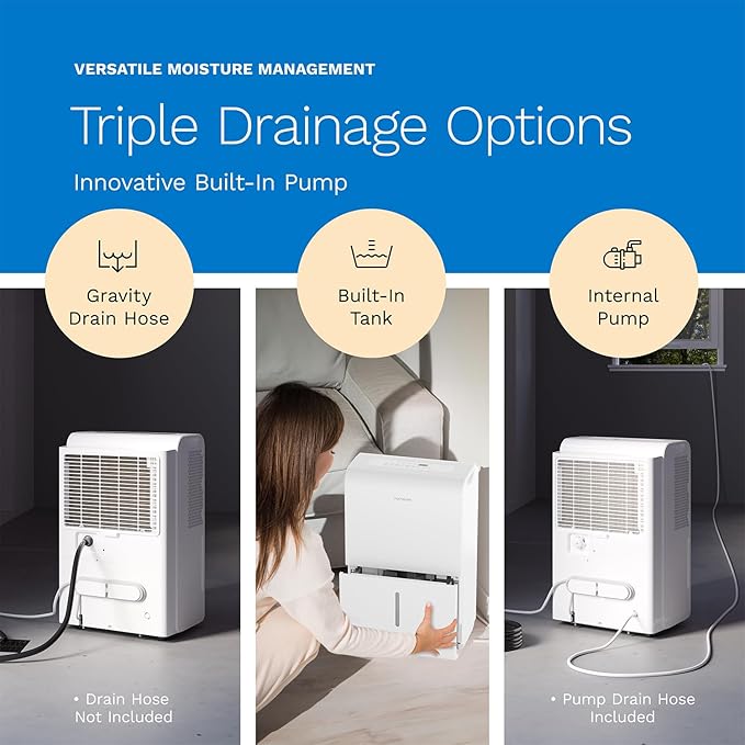hOmeLabs Dehumidifier for Home, Office, Basements with Powerful Moisture Removal, Humidity Control, Auto Shut-off, Quiet Operation - 7,500 Sq Ft Wi-Fi with Pump (50 Pint MAX 120 Pint at 95°F, 90% RH)