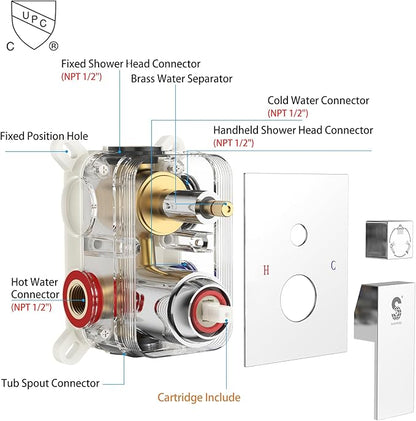 SR SUN RISE 8 Inches Wall Mounted Bathtub Shower Faucet Set All Metal Shower System with Tub Spout, Rain Shower Head and Handheld Sprayer Combo Shower Set, Modern Valve and Trim Kit, Polished Chrome