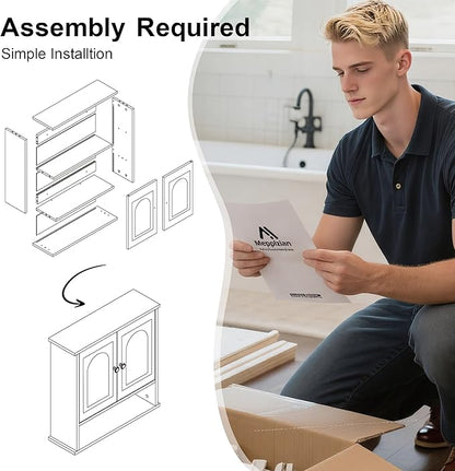 Bathroom Medicine Cabinet,2 Doors White Bathroom Wall Cabinet with Arched,Over Toilet Storage Cabinet for Laundry Room/Kitchen/Living Room,Surface Mount Medicine Cabinets 23x24