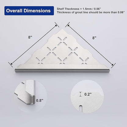 8" Corner Shower Shelf, 2-Pack Shower Shelves SUS304 Stainless Steel Bathroom Shelves for Tile Walls, Recessed Corner Shelf Organizer Rack, No Drilling (Brushed)