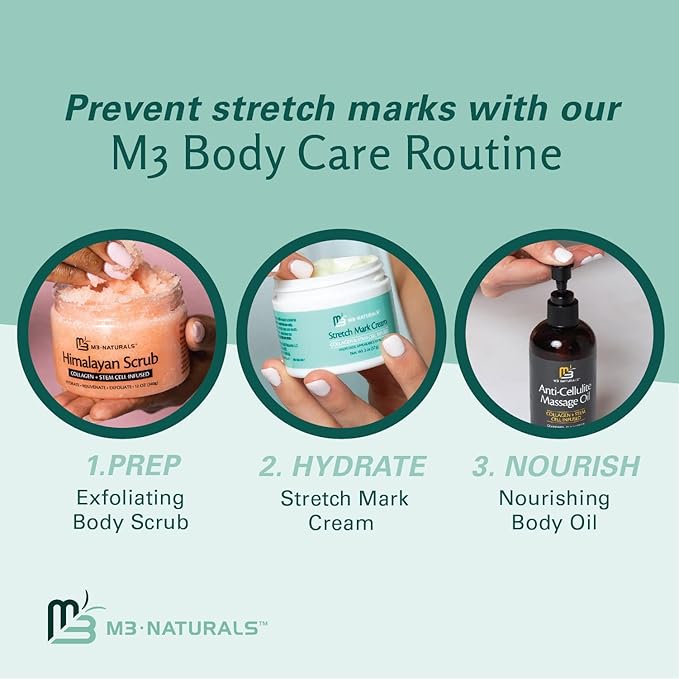 Stretch Mark Cream Infused with Collagen & Stem Cell Maternity Skincare Oil Removes Stretch Mark Prevention & Scar Remover Lotion Green Tea Extract & Raspberry Ketones, 2oz by M3 Naturals