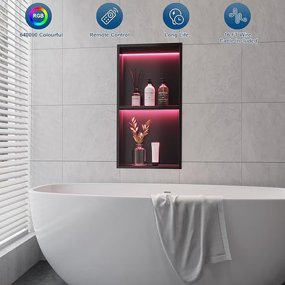 2-Tiers 12x24 Shower Niche, RGB LED Light Strips, Matte Black Wall Cabinet Shlef, Stainless Steel NO Tile Needed Recessed Wall Niche for Bathroom Storage Organizer