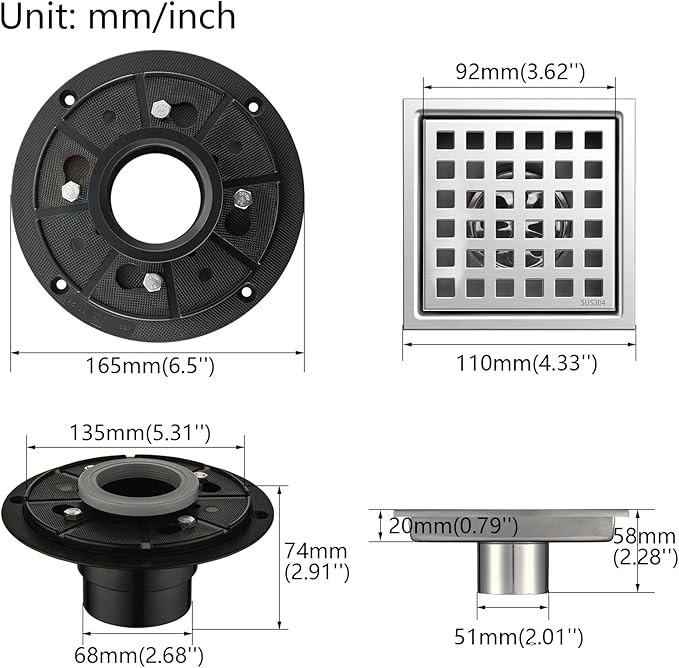 4 Inch Square Shower Floor Drain with Flange,Quadrato Pattern Grate Removable,Food-Grade SUS 304 Stainless Steel,Brushed Nickel