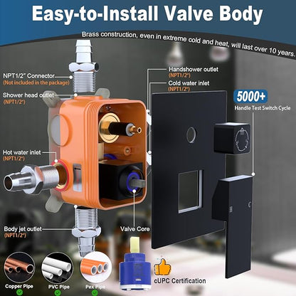 Enga Matte Black Rain Shower System with 4 Body Jets 12inch Wall Mount Rainfall Shower, All Metal Multi Shower Head System with Rough-in Valve
