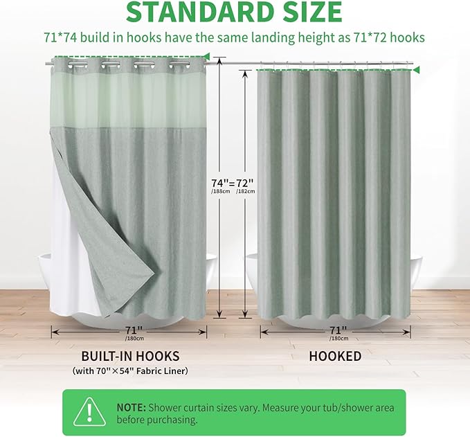 No Hooks Needed Linen Textured Shower Curtain with Snap-in Fabric Liner Set,Hotel Luxury Decor Shower Curtains for Bathroom with Mesh Top Window,Waterproof & Washable,71Wx74H,Sage Green