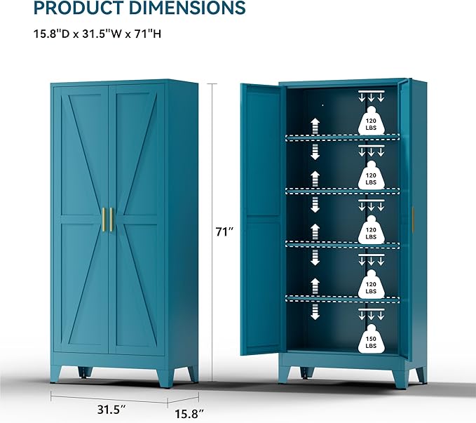 71" Metal Storage Cabinet - 5-Tier Heavy-Duty Pantry Cabinet with Adjustable Shelves & Barn Doors for Kitchen Garage,Blue