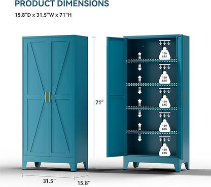 71" Metal Storage Cabinet - 5-Tier Heavy-Duty Pantry Cabinet with Adjustable Shelves & Barn Doors for Kitchen Garage,Blue