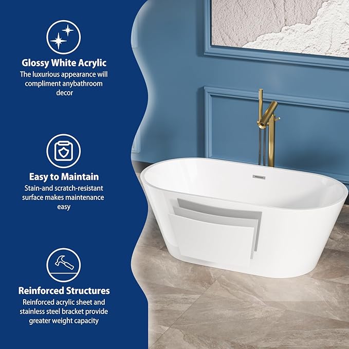 Sarlai 59 Inch Acrylic Freestanding Soaking Bathtub Contemporary Soaking White Tub Stand Alone Ergonomic Bathtub with Black Drain